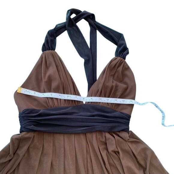 London Style Brown Black Halter Neck Ruched Waist Pleated Midi Dress Size 8 - Picture 6 of 7